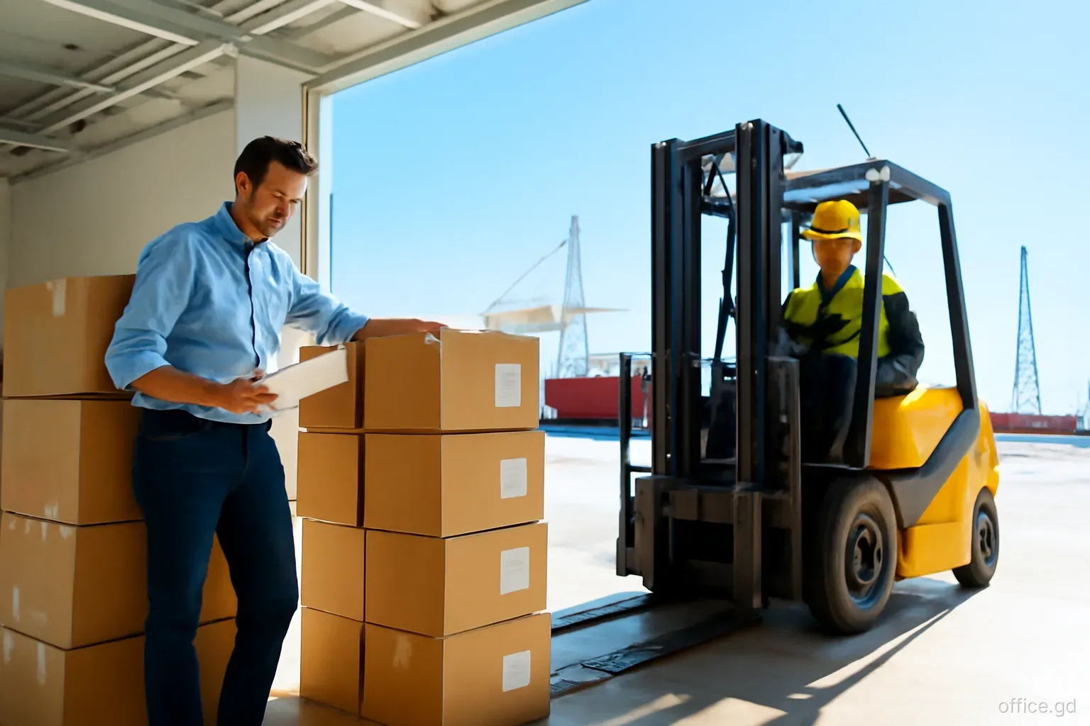 Importer checking stacked cartons of goods in a warehouse near the St George's port with a forklift driver, wide angle from floor level, bright morning sun
