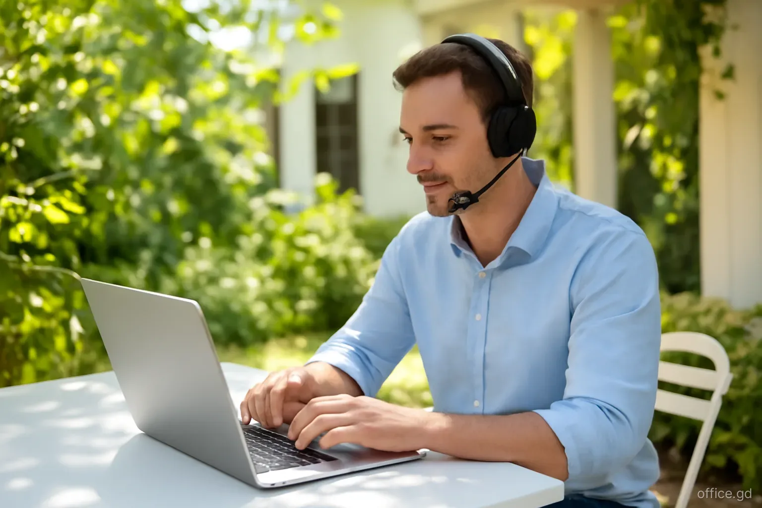 A man wearing a headset taking a video call on a laptop at a shaded garden table in a house near Westerhall, side angle, dappled afternoon light