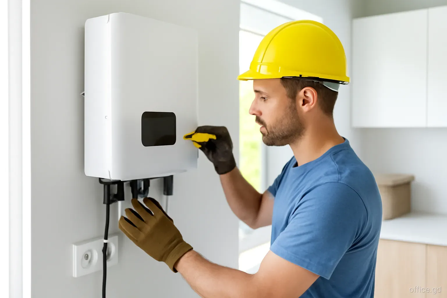 A technician installing a wall-mounted battery inverter in a utility room of a modern home in St David's, close-up from the side, crisp natural light