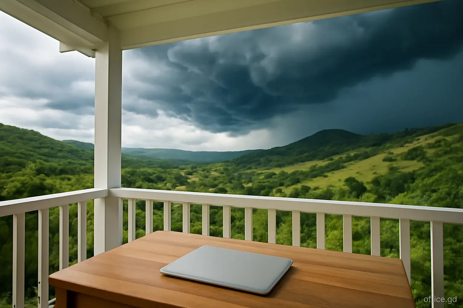 Dramatic thunderclouds gathering over the green hills of St Andrew seen from a covered porch, a laptop closed on a wooden table in the foreground, wide shot, moody light