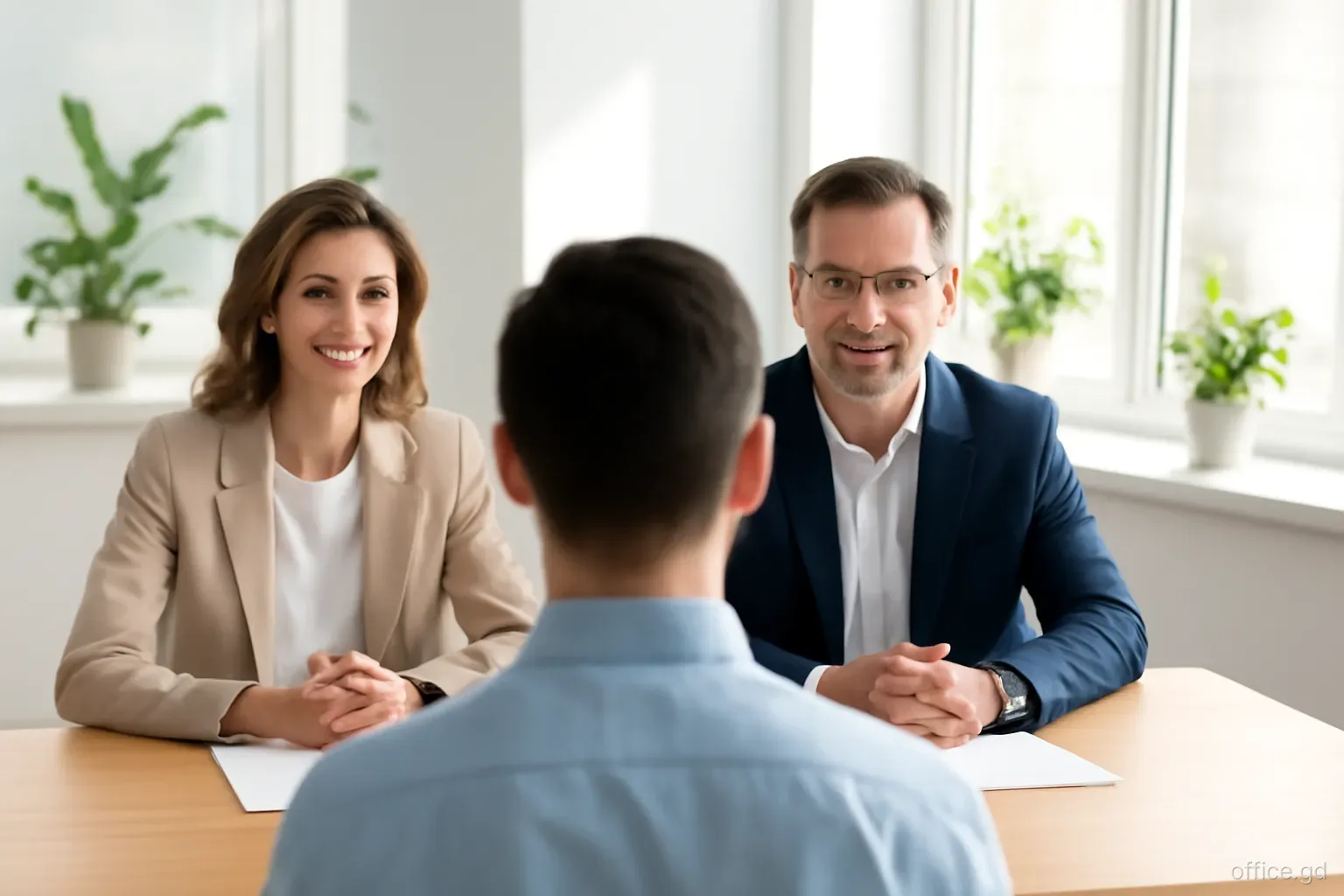 A panel of two interviewers listening to a young candidate in a light-filled conference room in St George's, plants by the window, over-the-shoulder shot, morning light