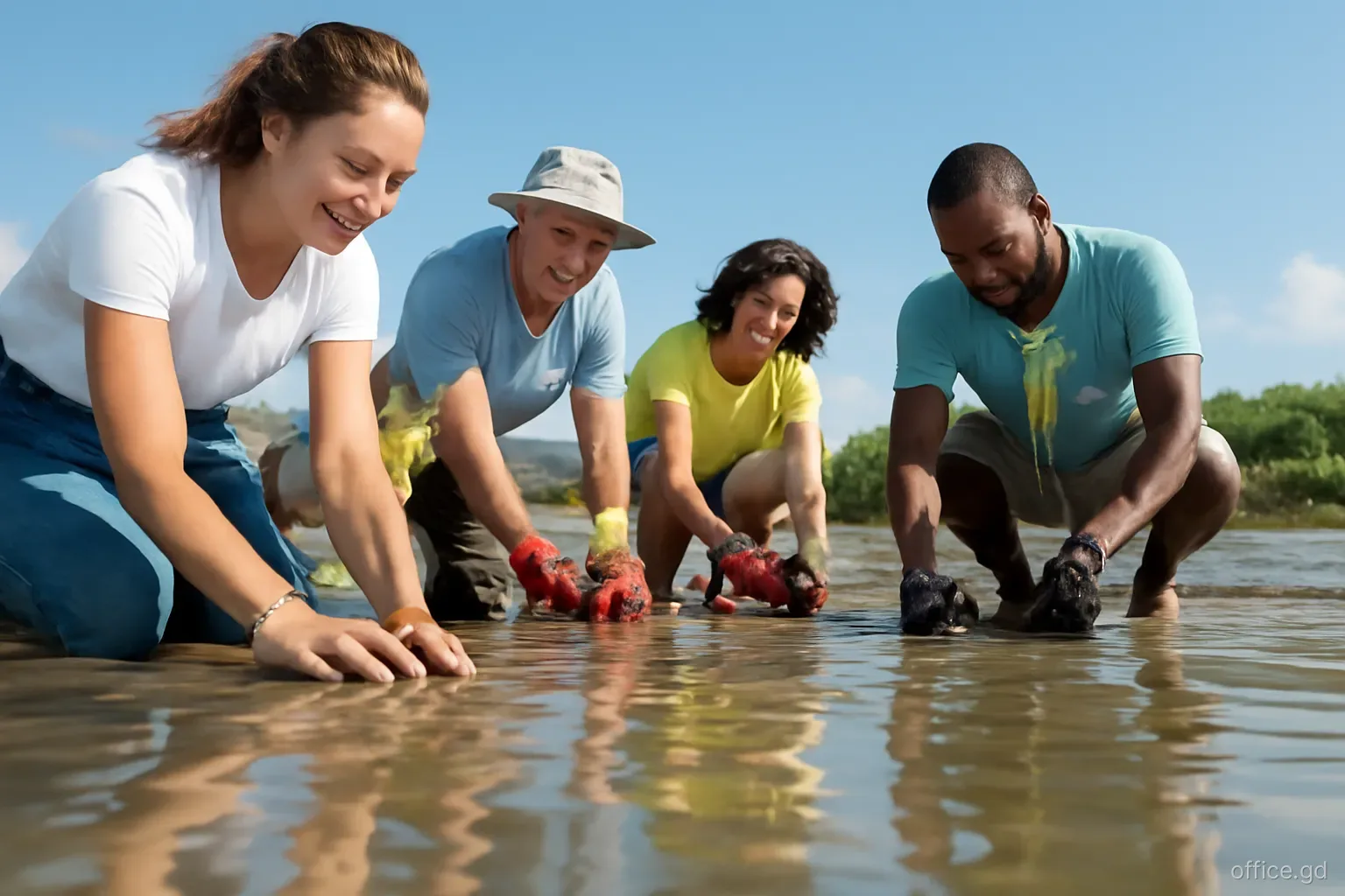 Volunteers of mixed ages planting mangrove seedlings along a muddy shoreline in Grenada's south coast, low angle from the waterline, clear morning light