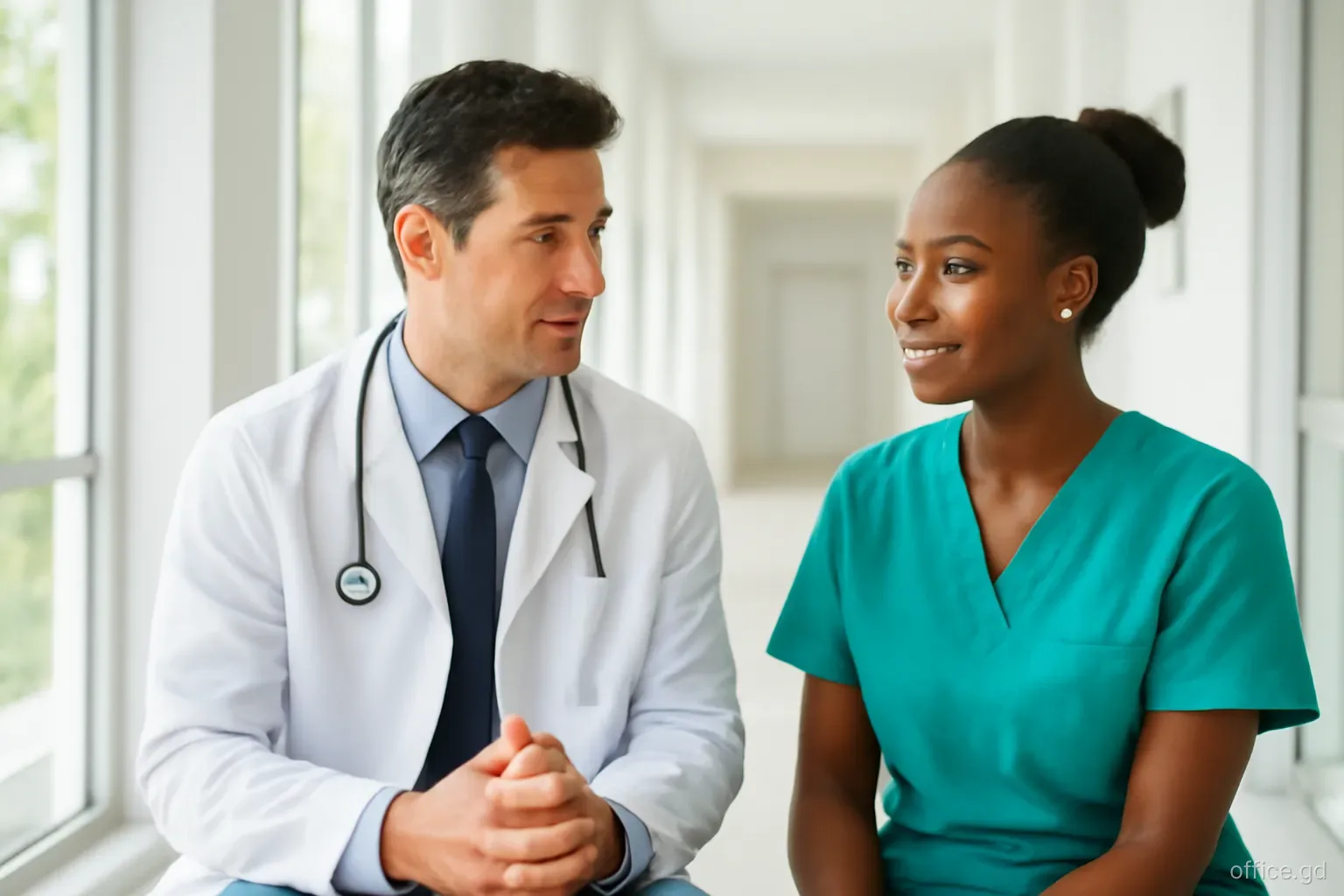 Overseas doctor in a white coat consulting with a Grenadian nurse in a bright clinic corridor near St George's, natural light from tall windows, medium shot, calm atmosphere