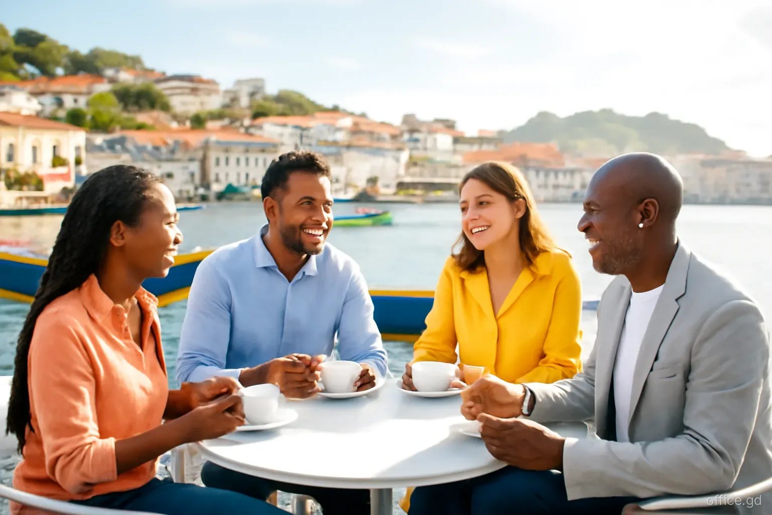 Group of local business owners chatting over coffee at an outdoor table beside the Carenage in St George's, colourful boats behind, eye-level wide shot, morning light