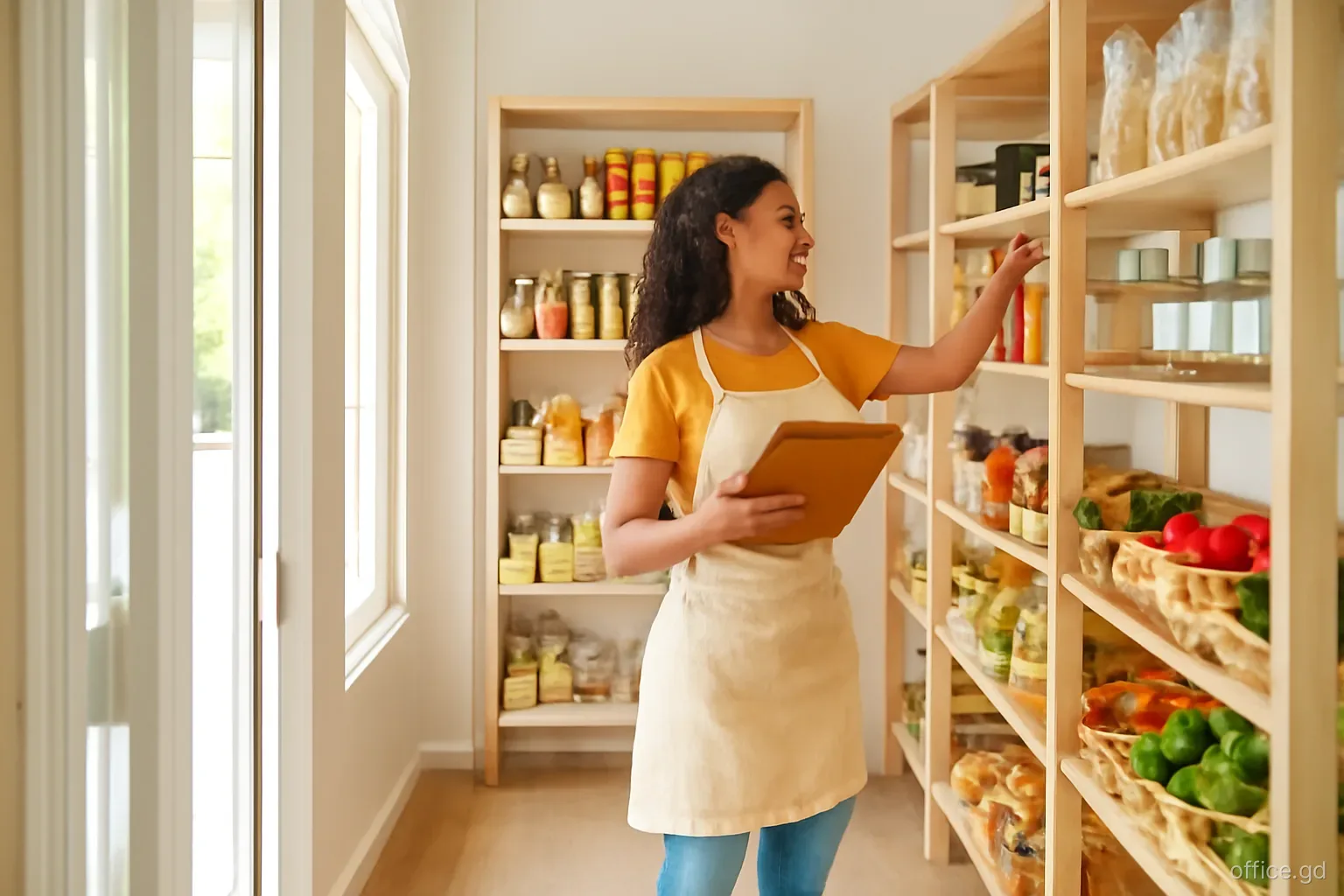 Woman shopkeeper counting stock on wooden shelves in a small grocery in Grenville, seen from the doorway, morning light falling across the shop floor