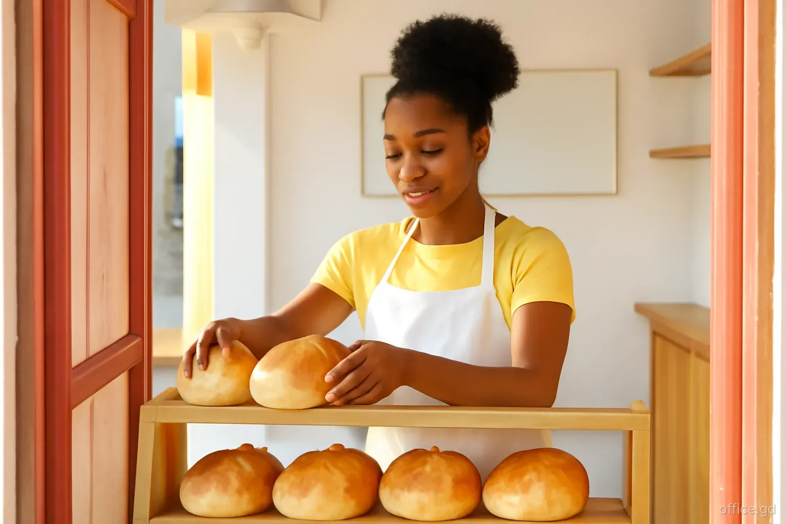 Grenadian woman baker arranging fresh coconut bread loaves in a small roadside shop in Gouyave, eye-level shot through the open doorway, golden early light