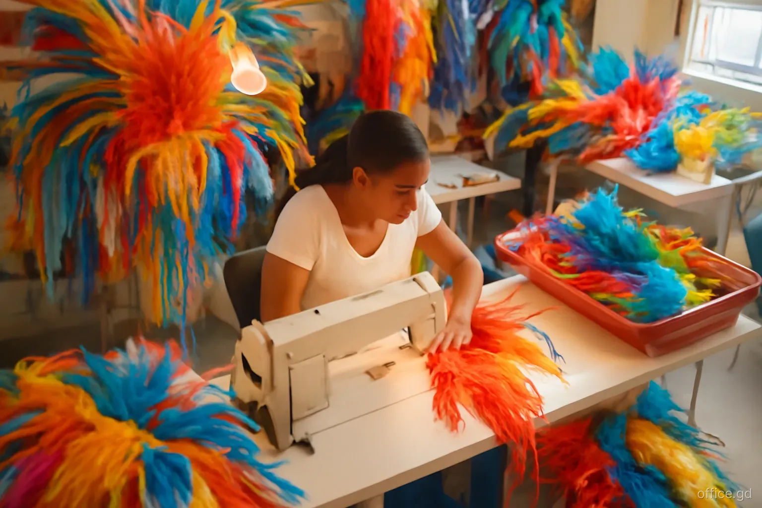 Seamstress stitching colourful feathered carnival costumes in a busy mas camp workshop in St George's, close overhead angle, warm evening light from a hanging bulb