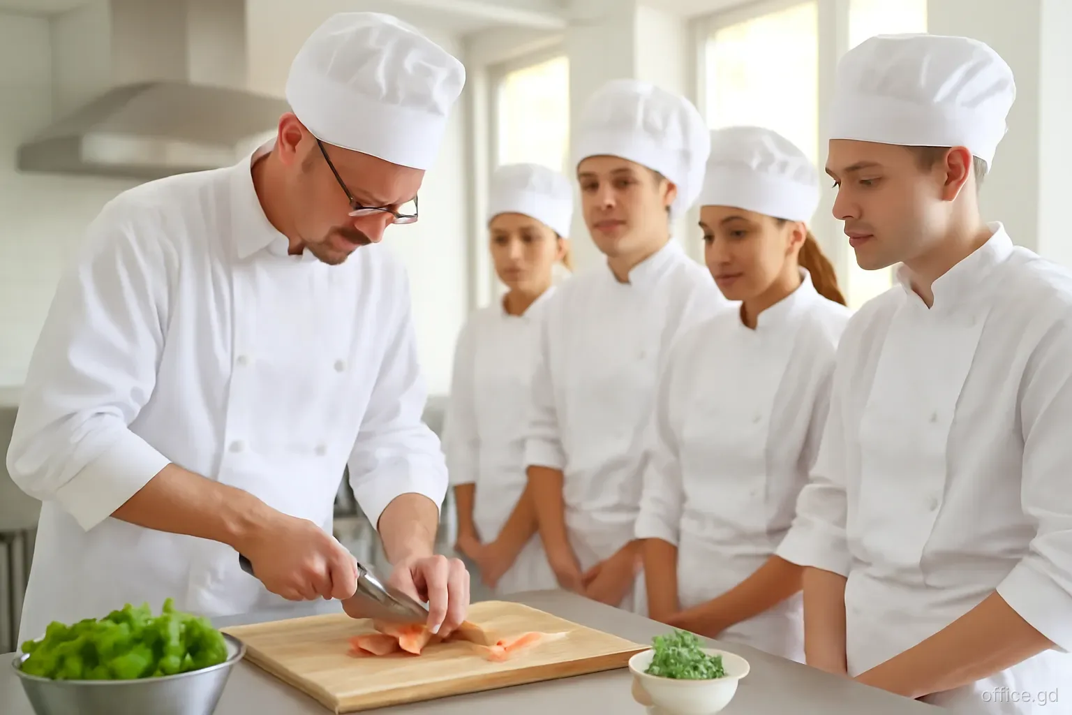 Culinary instructor demonstrating knife skills to a line of trainee cooks in white jackets in a bright teaching kitchen in St George's, side angle, clean overhead light