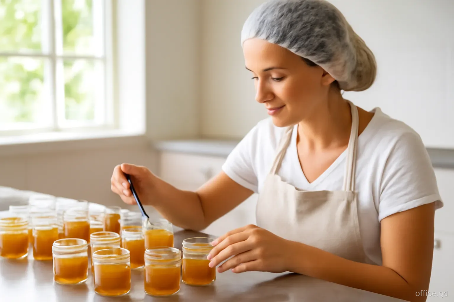 Woman in a hairnet and apron filling small glass jars with golden nutmeg jelly at a steel table in a clean rural kitchen in St John, close side angle, bright window light