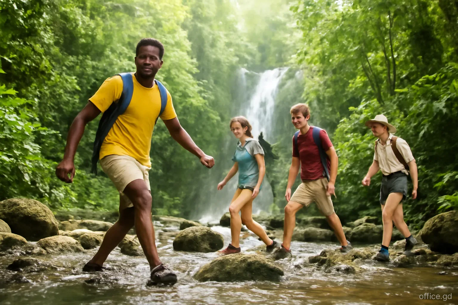 Young Grenadian guide leading three hikers across a rocky river crossing below a rainforest waterfall in St Andrew, low angle from the water, soft morning light through the canopy