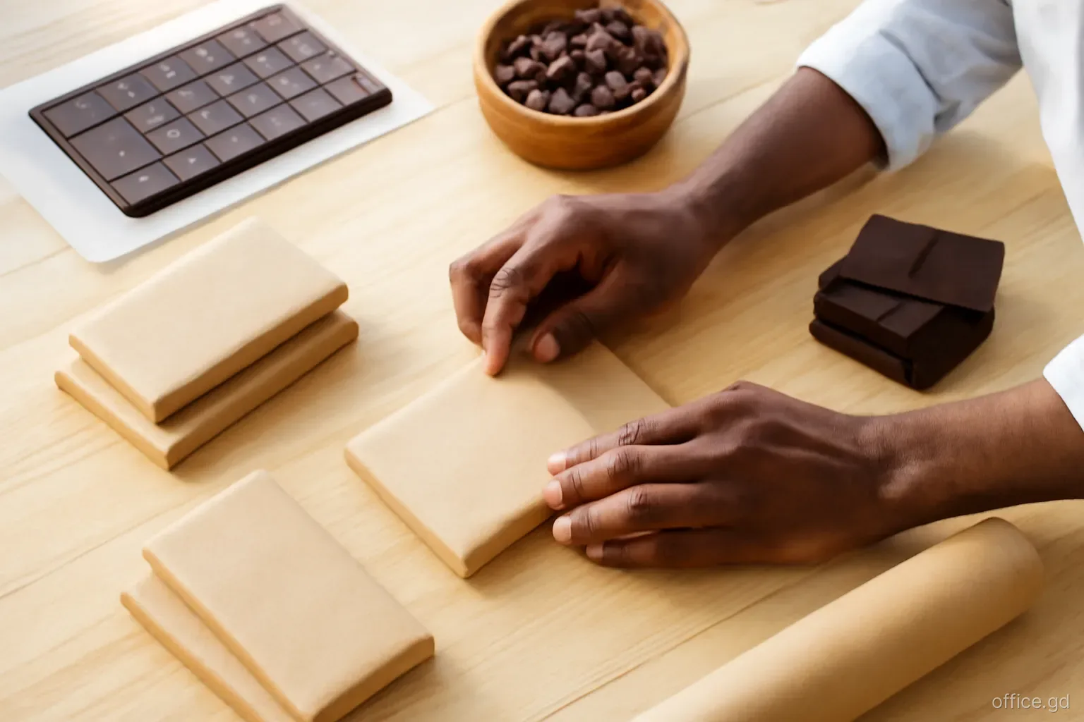 Hands of a Grenadian chocolate maker wrapping handmade bars in plain brown paper on a wooden workbench in a small St John's workshop, close-up overhead shot, soft side light
