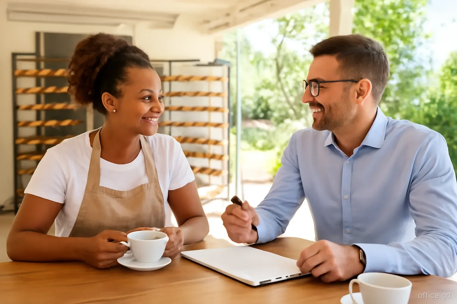 Bakery owner and accountant discussing figures over coffee at a shaded veranda table in Grenville, bread trays in the background, eye-level view, warm mid-morning light