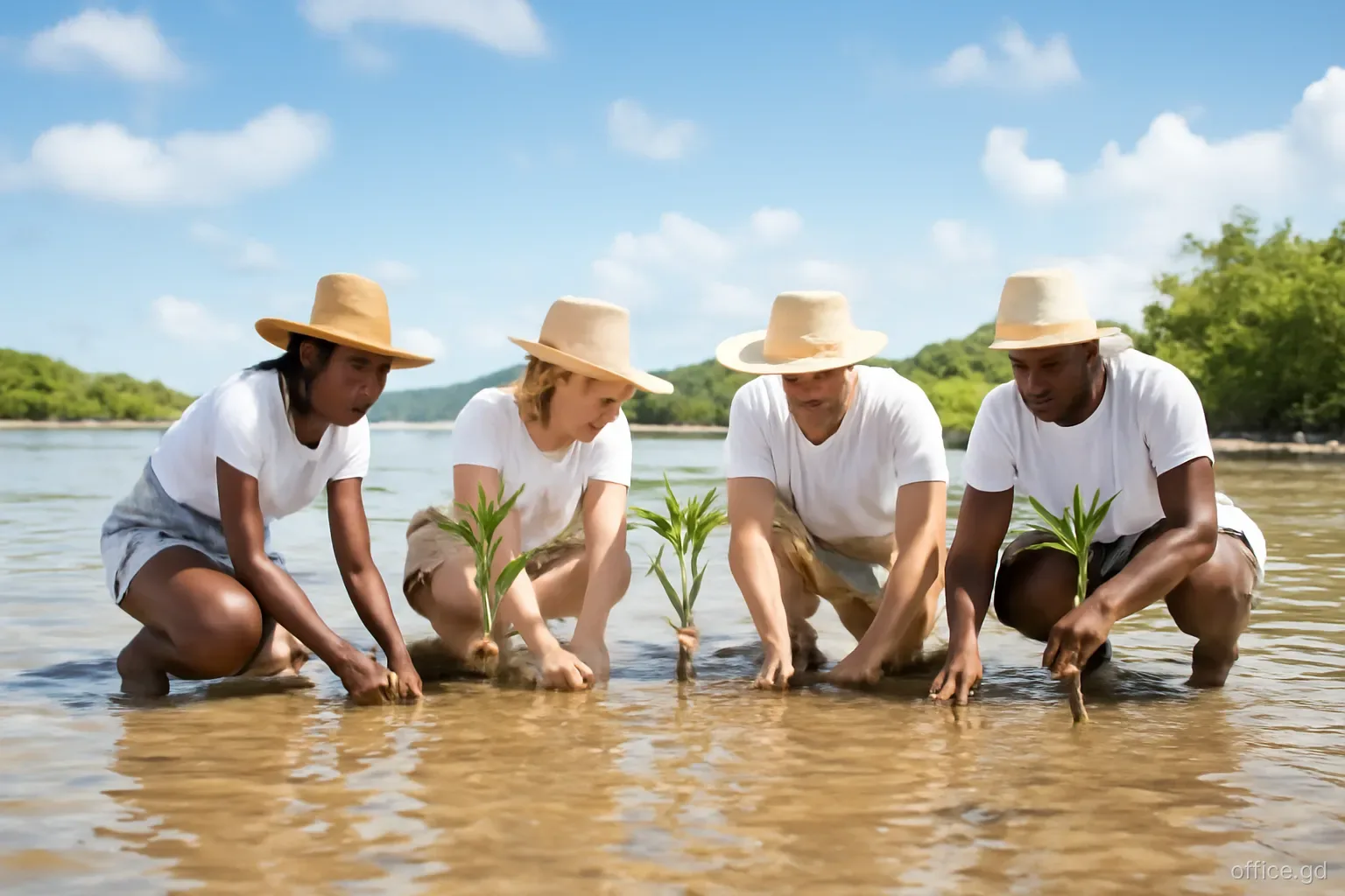 Group of volunteers in sun hats replanting mangrove seedlings along a muddy shoreline in Carriacou, wide shot from the water, bright clear morning with soft clouds