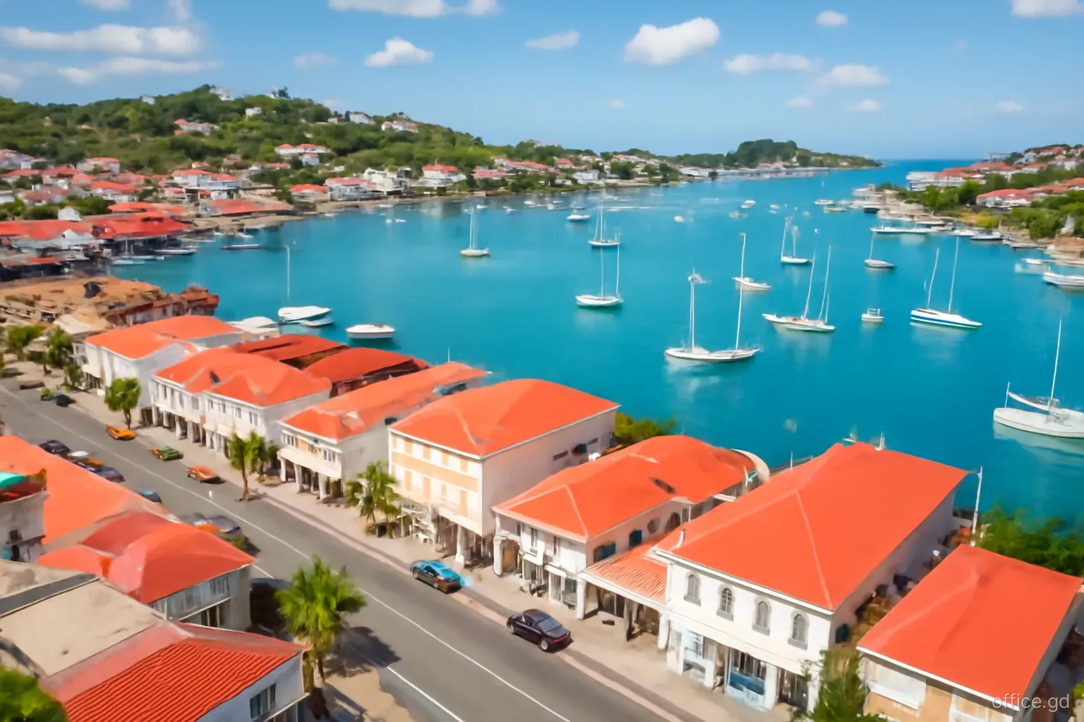 Aerial drone view of low-rise commercial buildings and red roofs along the Lagoon Road waterfront in St George's, yachts in the lagoon, clear late-morning light