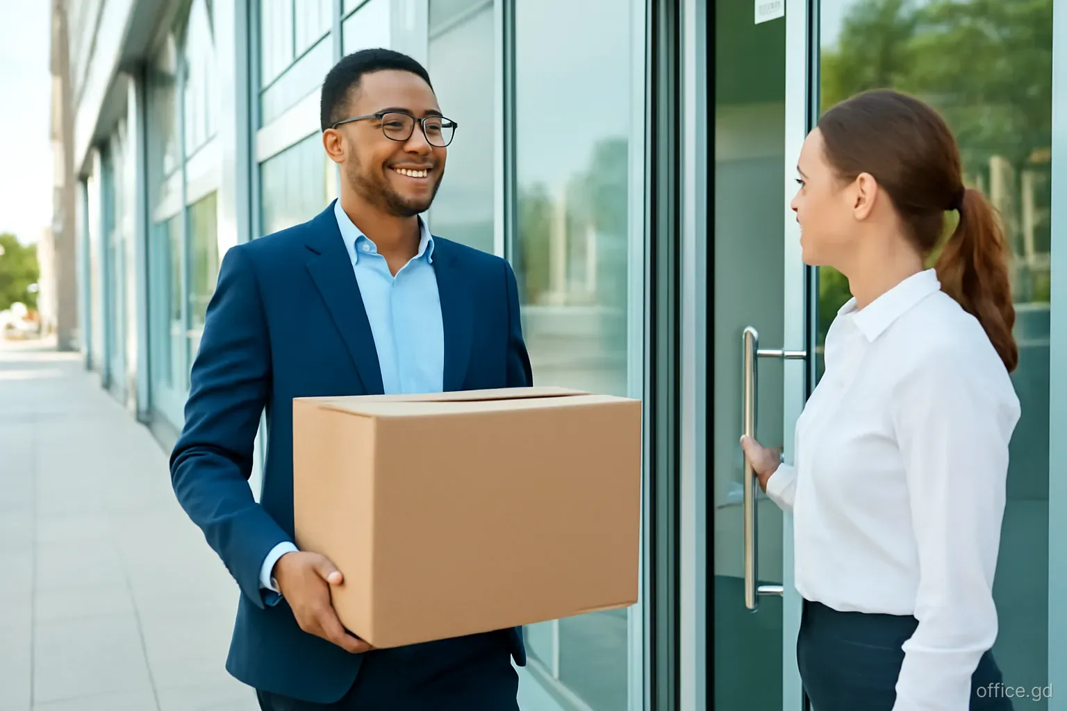 Foreign professional carrying a cardboard box out of a modern office building in Grand Anse, colleague holding the glass door, street-level view, clear late afternoon light
